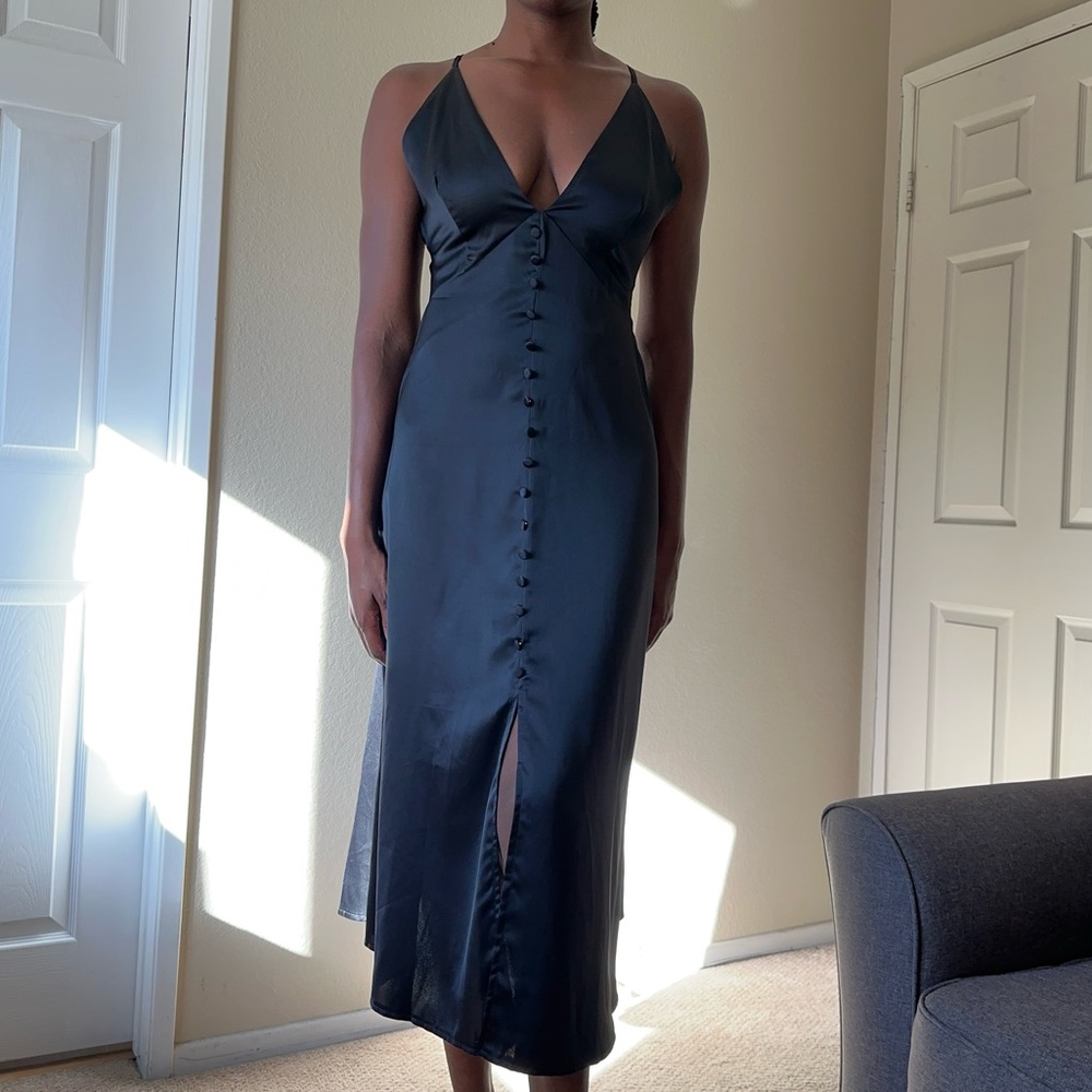 Womens V Neck Satin Slit Maxi Slip Formal Dress